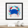 Framed artwork of a colorful crab on a white wall with decorative vases below.