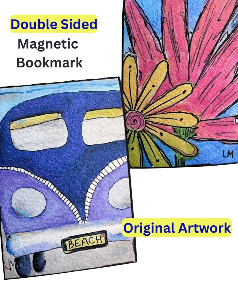 a colorful magnetic bookmark with hand-painted artwork, one showing a blue and purple retro car and the other a pink flower, with text labels 'Double Sided Magnetic Bookmark' and 'Original Artwork' on a white background.