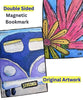 a colorful magnetic bookmark with hand-painted artwork, one showing a blue and purple retro car and the other a pink flower, with text labels 'Double Sided Magnetic Bookmark' and 'Original Artwork' on a white background.