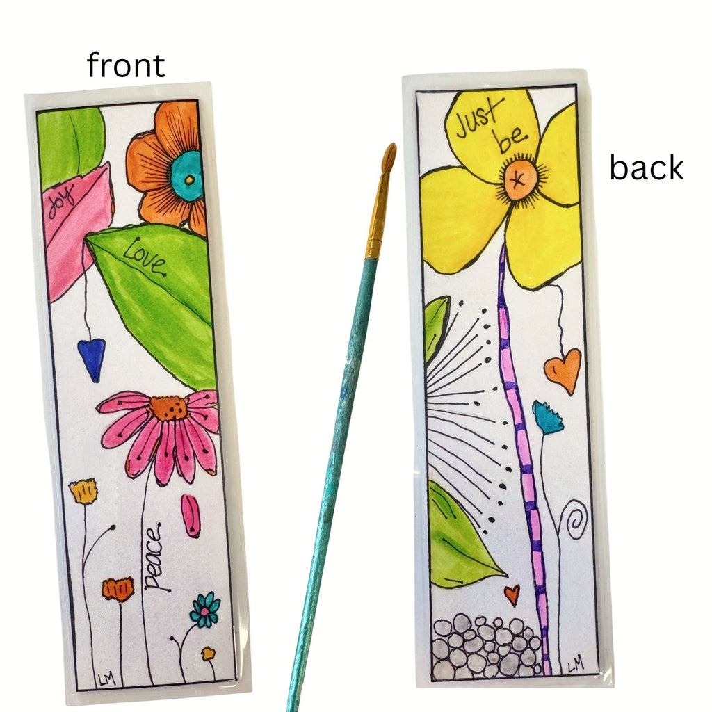 Colorful two-sided bookmark with floral designs on a white background