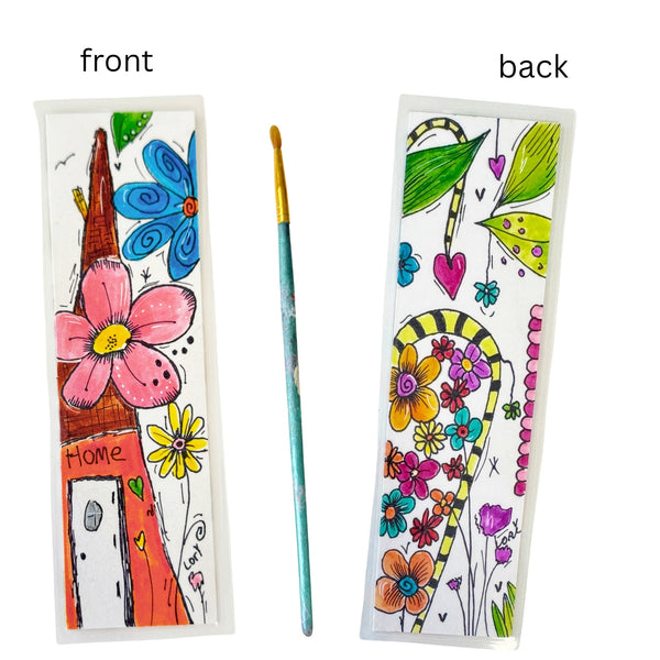 Colorful bookmarks with floral designs on a white background