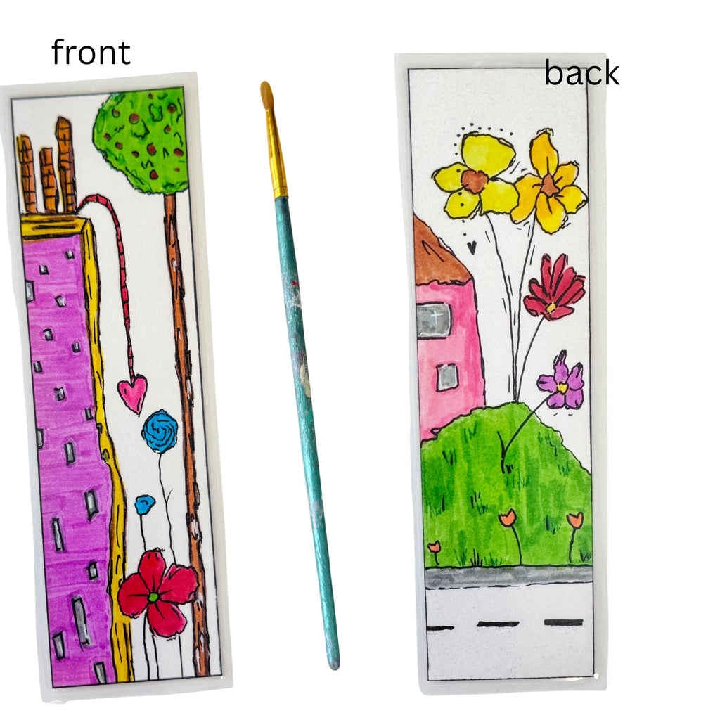 Colorful bookmark with double sided artwork of flowers and houses