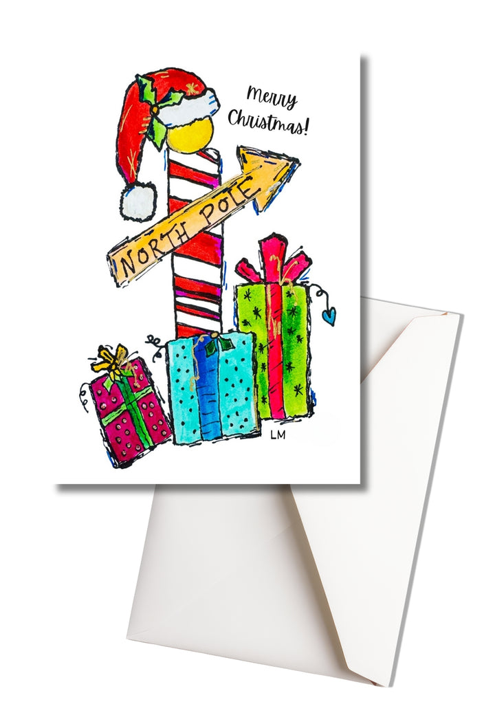 Blank Christmas card with presents and the North Pole