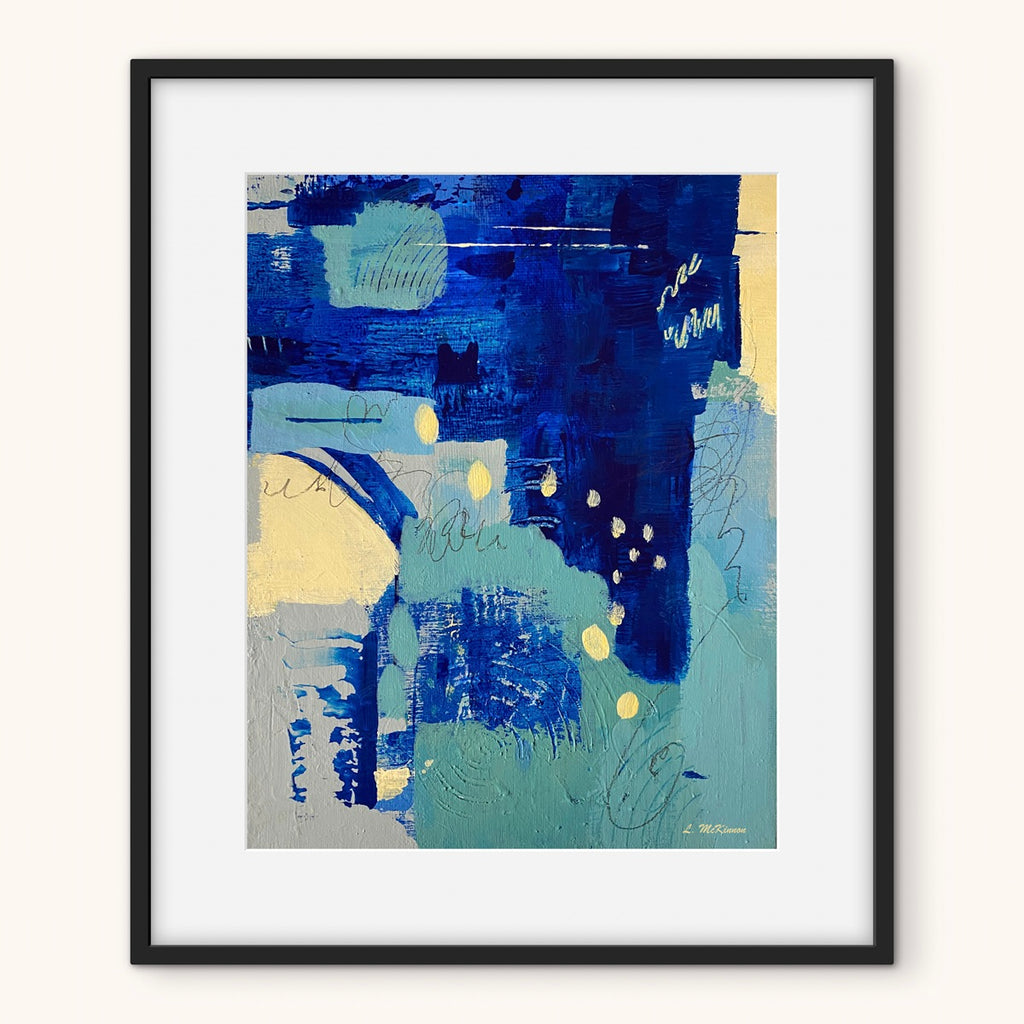 Framed abstract art print with blue, green, and yellow colors on a white background