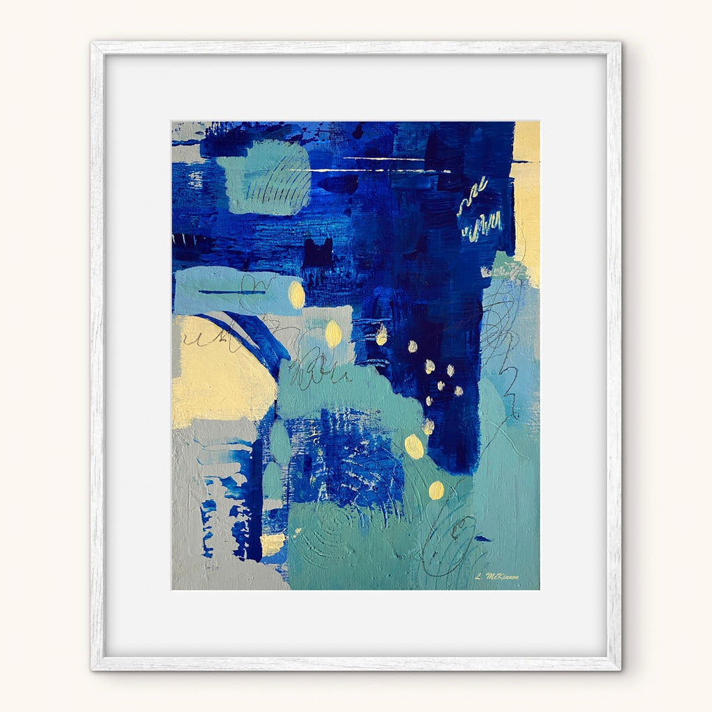 Framed abstract art print with blue, green, and yellow colors on a white background