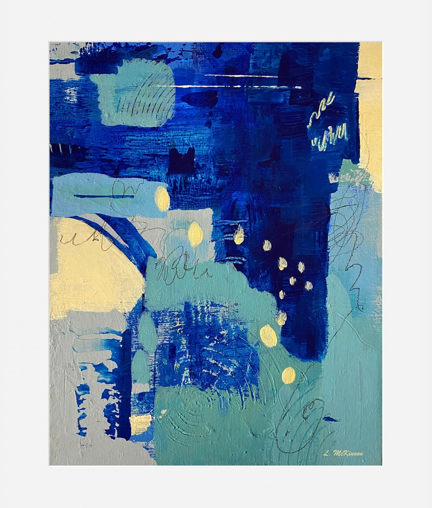 Abstract art piece with blue, yellow, and gray colors on a white background