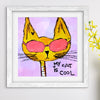 Framed artwork of a yellow cat with pink sunglasses and 'My cat is cool' text on a purple background.