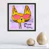 Framed artwork of a cat wearing sunglasses with 'My cat is cool' text on a purple background, displayed on a white wall.