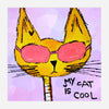 Whimsical cat wearing pink sunglasses with 'My cat is cool' text on a purple background