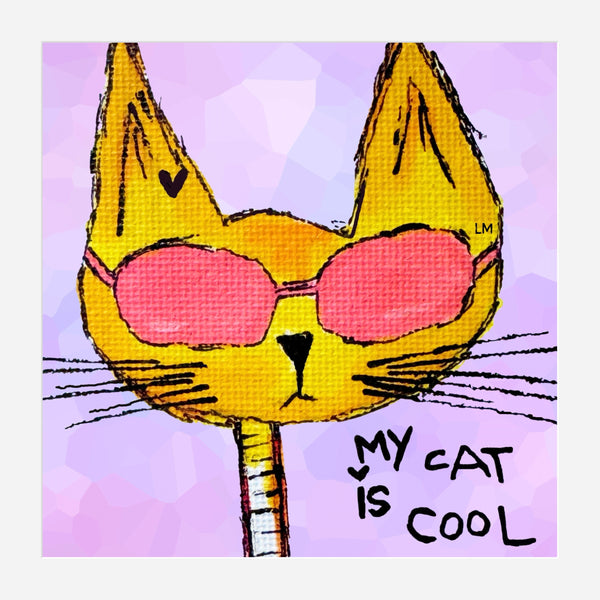 Whimsical cat wearing pink sunglasses with 'My cat is cool' text on a purple background