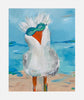 print of seagull on a beach with a blue sky.