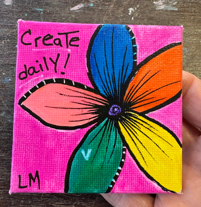 Small square canvas with a colorful flower painting and 'Create daily!' text on a pink background with magnet on back