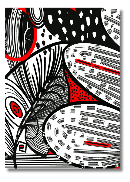 abstract 5x7 inch greeting card in black, white and red