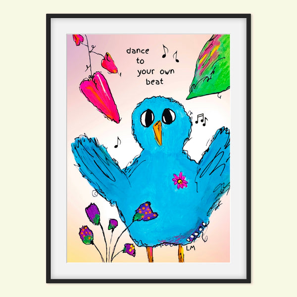 Framed artwork of a blue bird with musical notes and flowers on a light pink background.