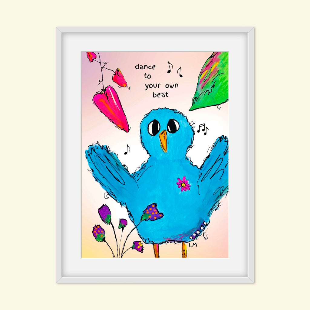Framed artwork of a blue bird with musical notes and flowers on a light pink background.