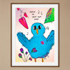 Framed artwork of a blue bird with musical notes and flowers on a beige wall.