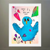 Colorful illustration of a blue bird with musical notes and flowers on a pink background.