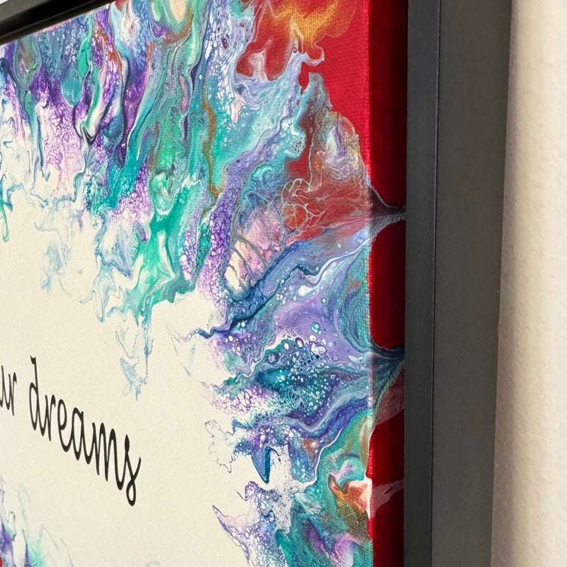 Colorful abstract painting with swirling patterns on a textured surface.