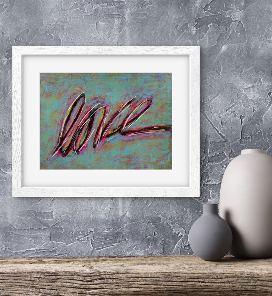 abstract painting featuring the word love