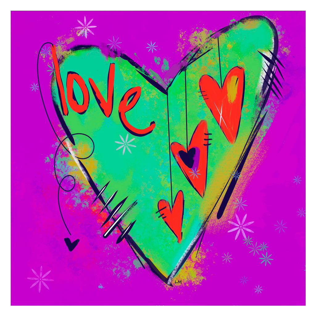 Colorful heart design with the word 'love' on a purple background