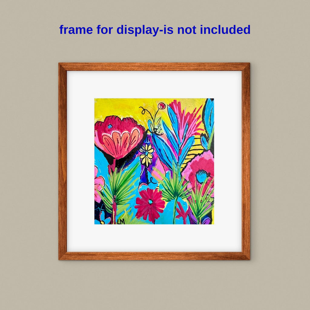 Colorful original floral painting in a white mat and warm wood frame, shown hanging on a neutral wall. Frame shown for display only, not included.