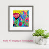 Colorful original floral painting in a white mat and gray frame, shown hanging on a white wall. Frame shown for display only, not included.
