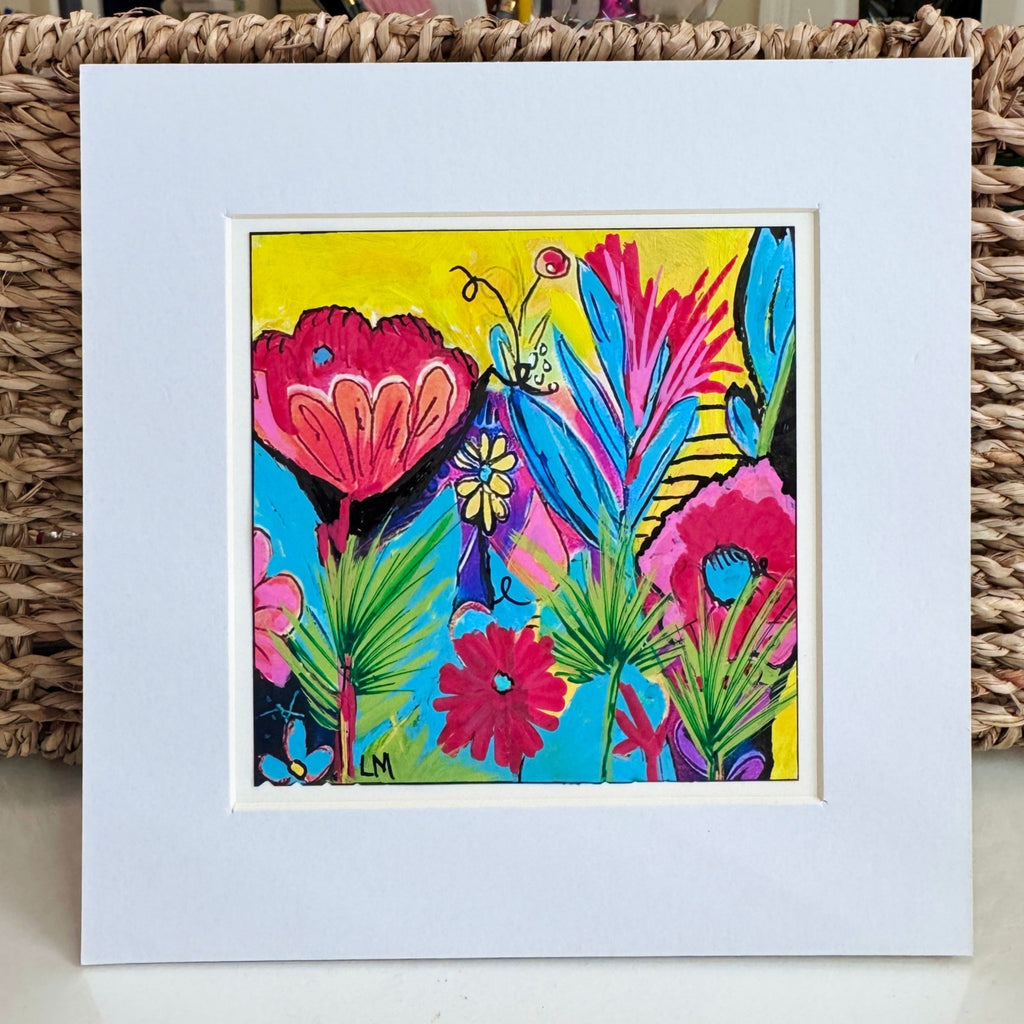 Original acrylic floral painting with pink and red flowers, turquoise leaves, and a bright yellow background, shown in a white mat
