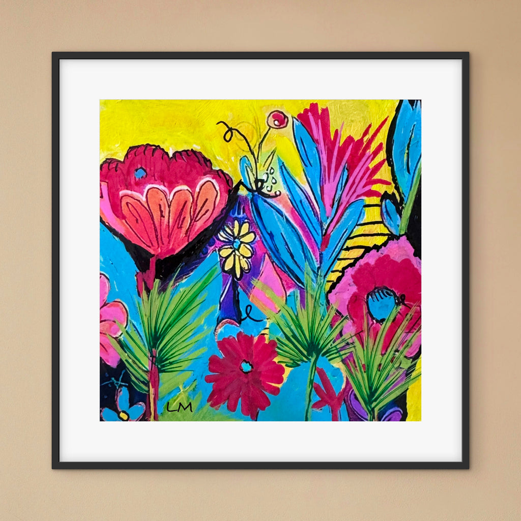 Colorful botanical artwork in a black frame with a white mat. Florals are red, pink, yellow, blue and green