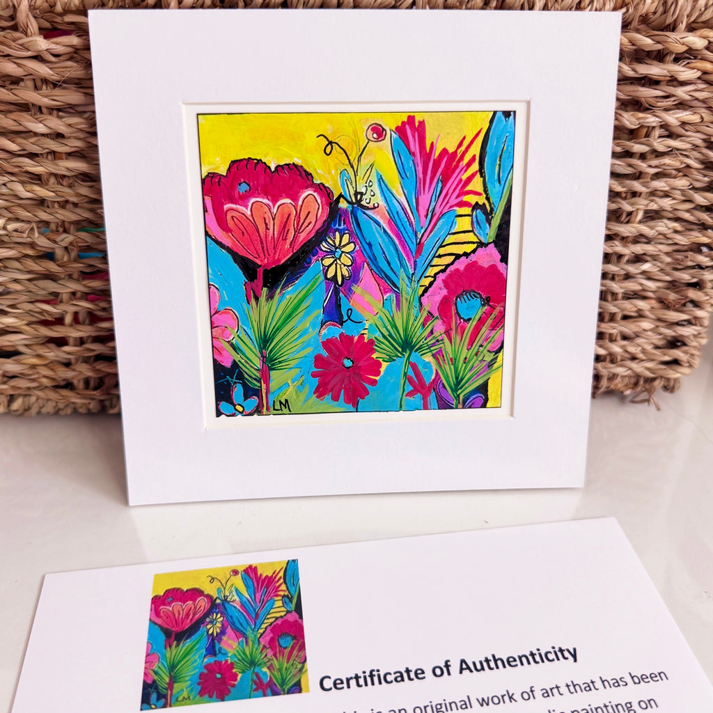 Original floral painting with pink flowers, turquoise leaves, and a yellow background in a white mat, displayed with its certificate of authenticity.