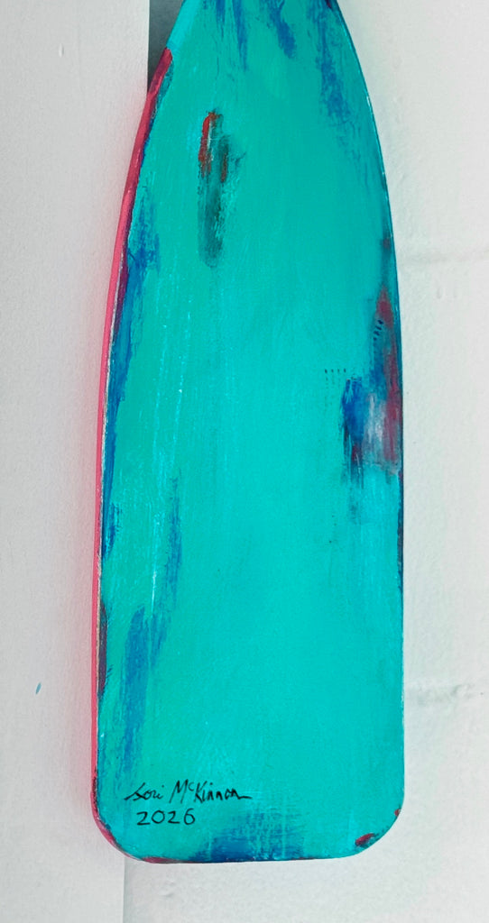 Turquoise art piece with abstract patterns on a white background