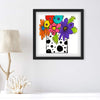 Framed artwork of colorful flowers on a white wall with a lamp and coral decor.