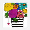 Colorful illustration of flowers in a striped vase with a heart on a white background