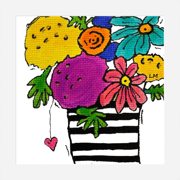 Colorful illustration of flowers in a striped vase with a heart on a white background