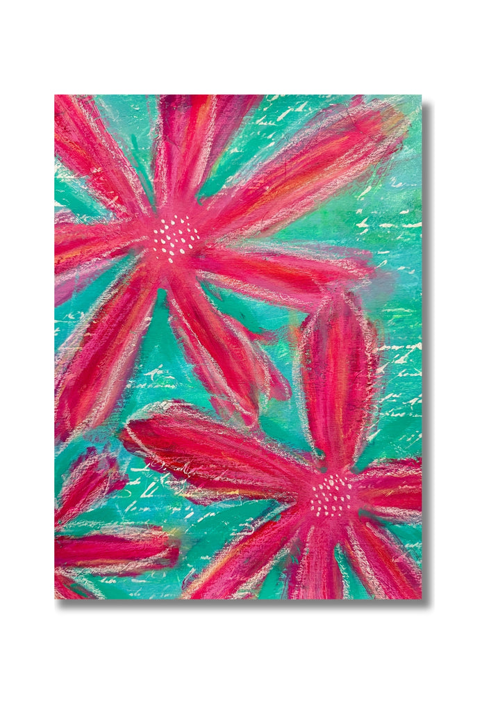 pink floral artwork on aqua green background 5x7 card