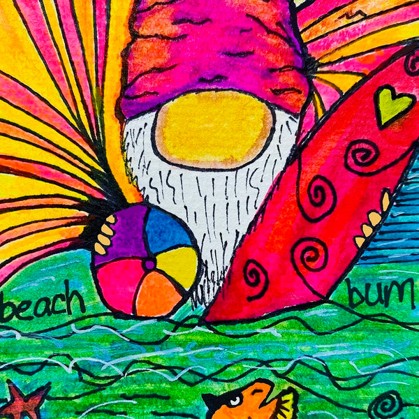 whimsical gnome at the beach artwork on 3x3 notecard