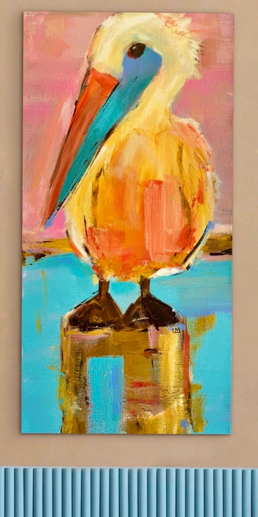 12x24 inch colorful painting of a pelican on a wooden post