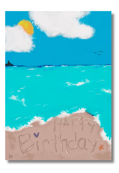 Beach scene with 'Happy Birthday' on sand, blue sky, and sun.