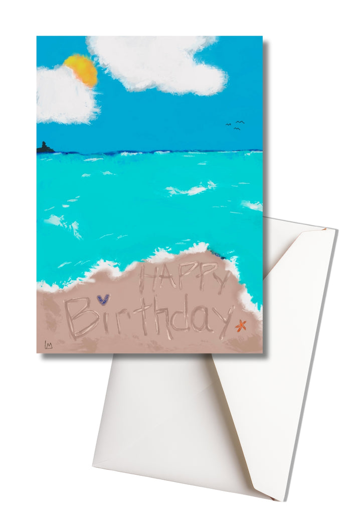 Birthday card with beach scene and 'Happy Birthday' text on sand