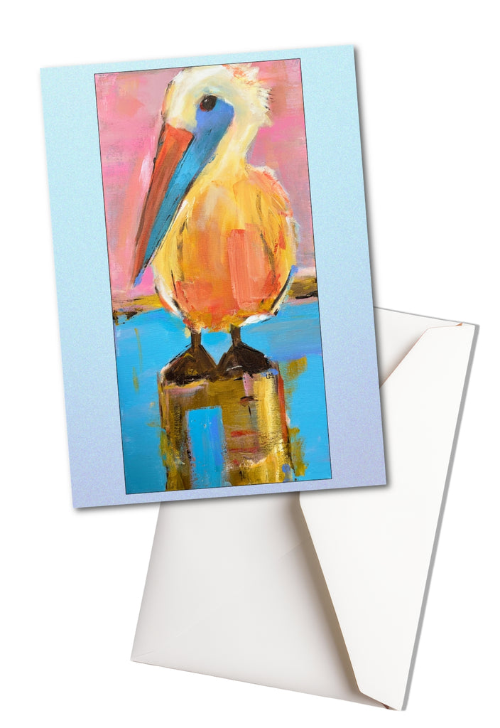 pelican artwork on the cover of a blank card on a white envelope