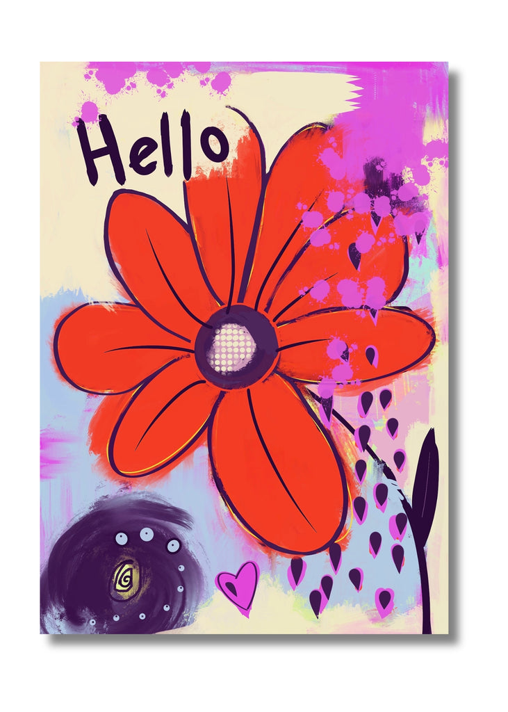 floral art card with the word hello on front and blank inside