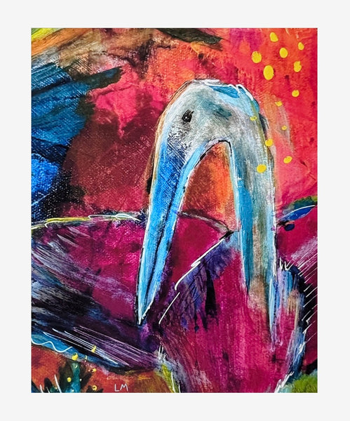 Abstract style print of a blue heron with a long beak, rendered in vivid pink, red, blue, purple, black, and yellow brushstrokes pictured on a white background