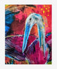 Abstract style print of a blue heron with a long beak, rendered in vivid pink, red, blue, purple, black, and yellow brushstrokes pictured on a white background