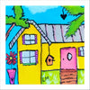 Colorful drawing of a house with a blue sky and green trees.
