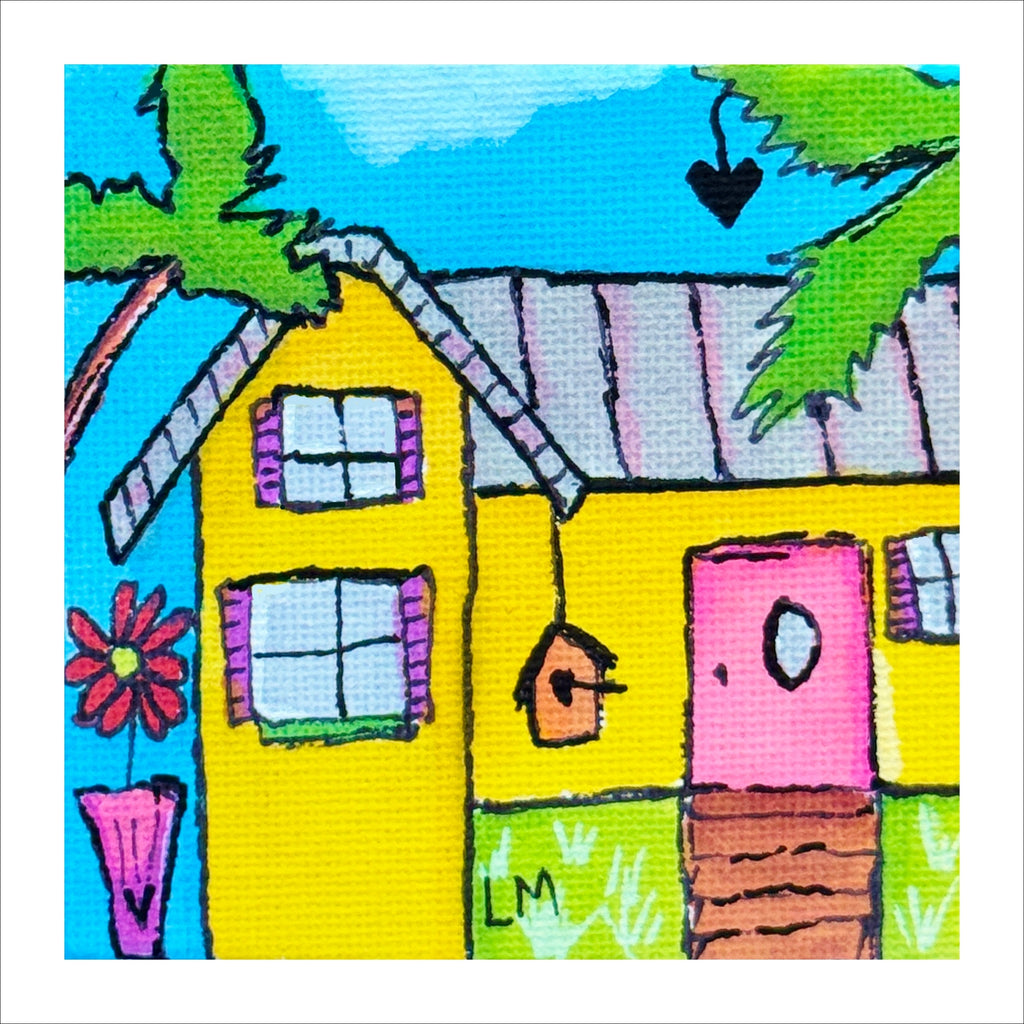 Colorful drawing of a house with a blue sky and green trees.