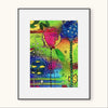 Framed colorful abstract artwork with flowers on a white background