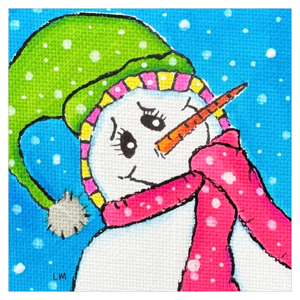 Colorful snowman with a carrot nose on a blue background