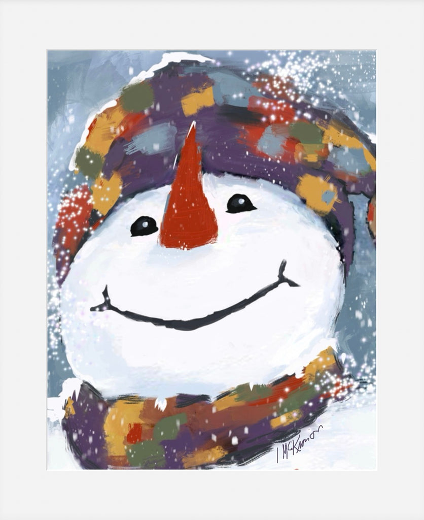 Snowman art print with a colorful scarf and hat against a snowy background