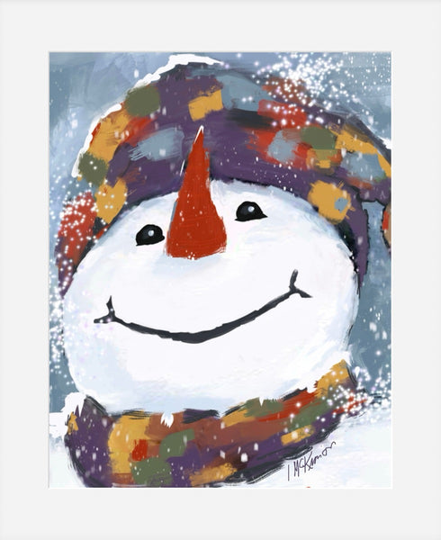 Painting of a snowman with a colorful scarf and hat against a snowy background