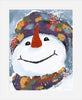 Painting of a snowman with a colorful scarf and hat against a snowy background