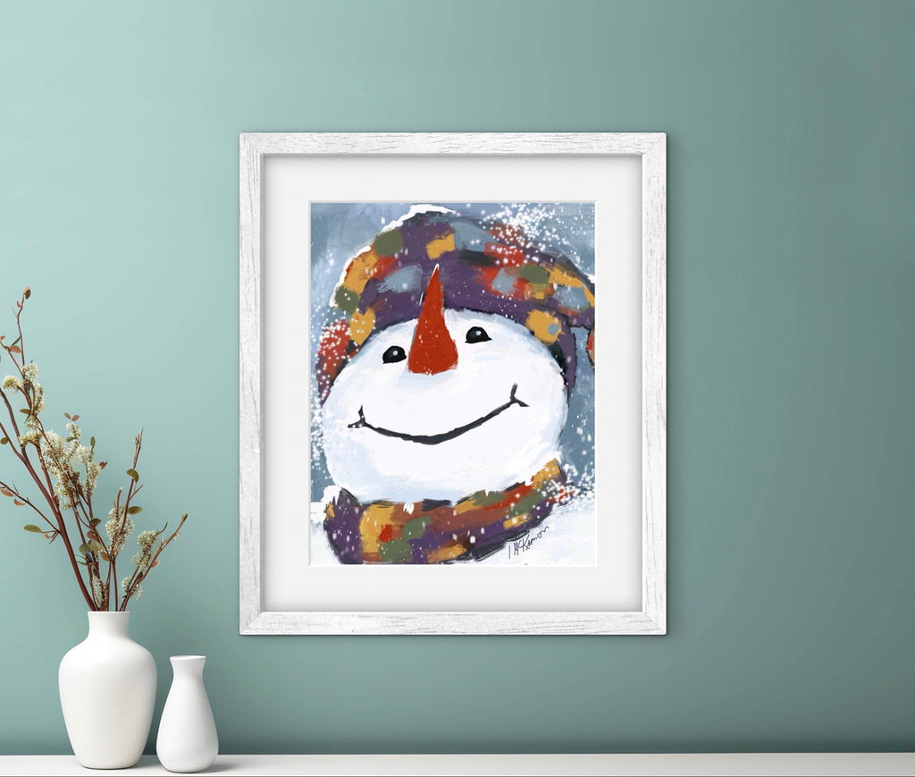 Framed artwork of a colorful snowman on a teal wall with decorative vases below.